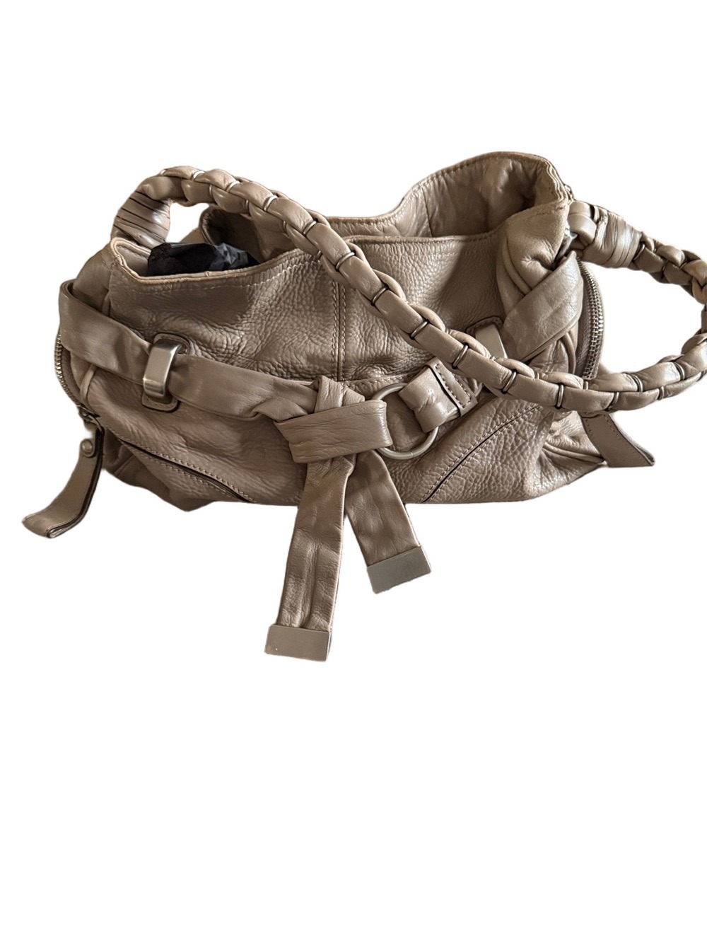 b. makowsky Taupe Braided Leather Hobo